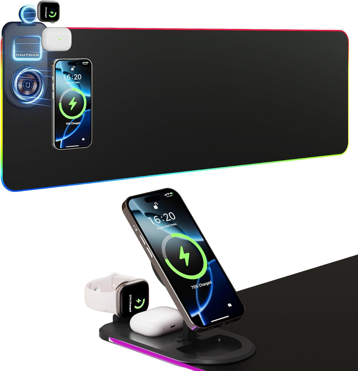 Wireless Charging Mouse Pad 15W RGB Gaming Mouse Mat, Waterproof Desk Mat with Phone Holder, 900X300X4Mm Extra Large Mousepad, Non-Slip Base LED Computer Keyboard Mat for PC Laptop, Black