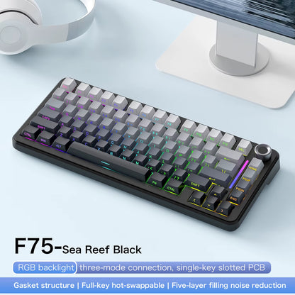 75% Hot Swap Gaming Keyboard Wireless FREEWOL F75 RGB Mechanical Keyboard with Metal Knobs AULA F75 Same Model,Tri-Mode,4000 Mah