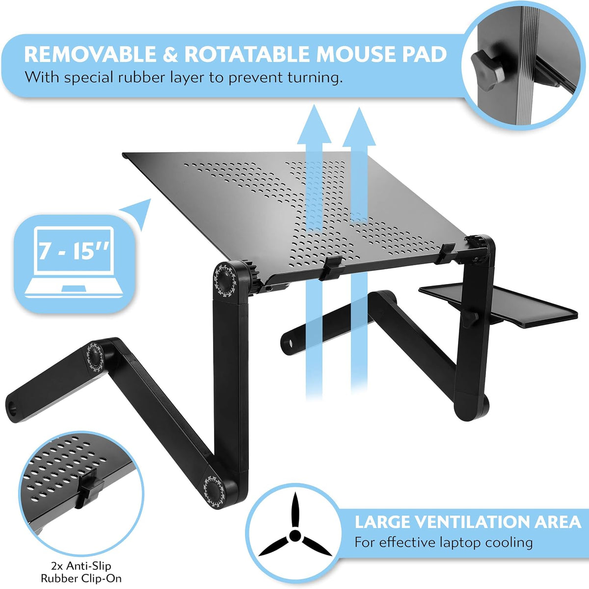 Folding Laptop Stand Standing Desk Converter Laptop Bed Table Riser Tray Holder for Couch Sofa Lapdesk Laptray Height Adjustable Portable with Legs Mouse Pad Black