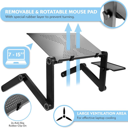 Folding Laptop Stand Standing Desk Converter Laptop Bed Table Riser Tray Holder for Couch Sofa Lapdesk Laptray Height Adjustable Portable with Legs Mouse Pad Black
