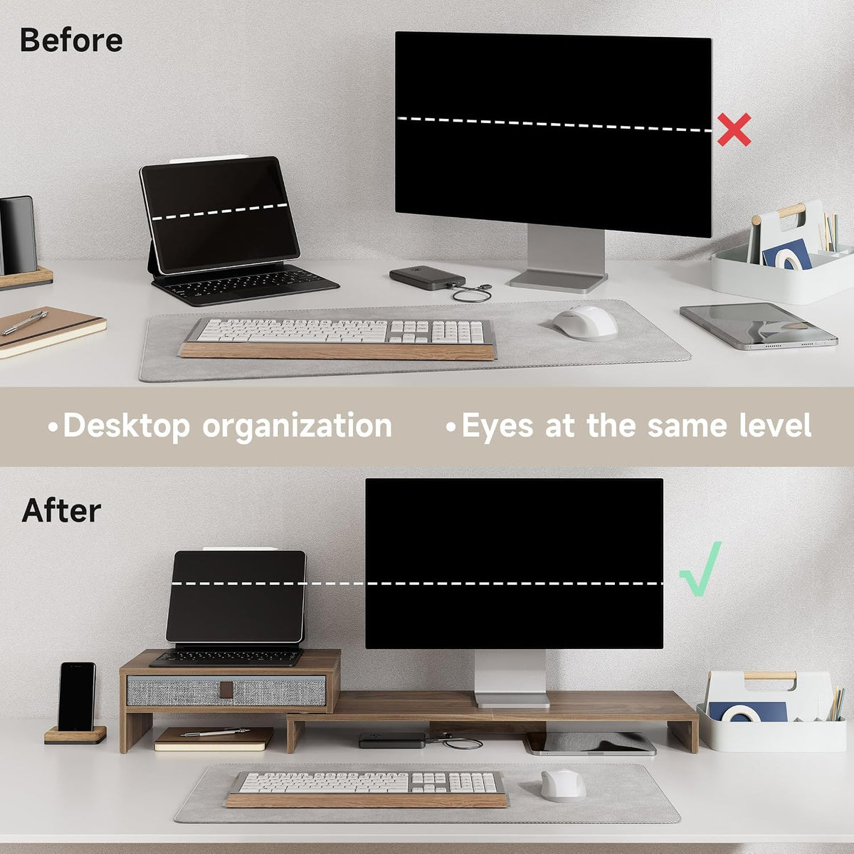 Dual Monitor Stand with Drawer,With Adjustable Length and Angle,Brown