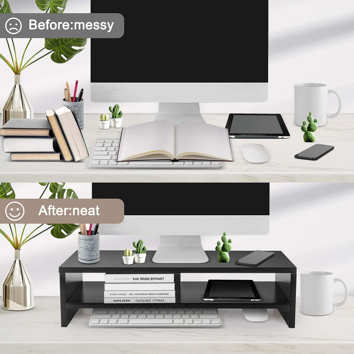 Wood Monitor Desk Stand Riser,2 Tiers Computer Monitor Riser Black