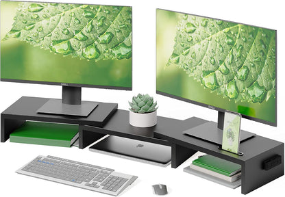 Dual Monitor Riser, Stepless Adjustable Length & Angle, Rustic Brown