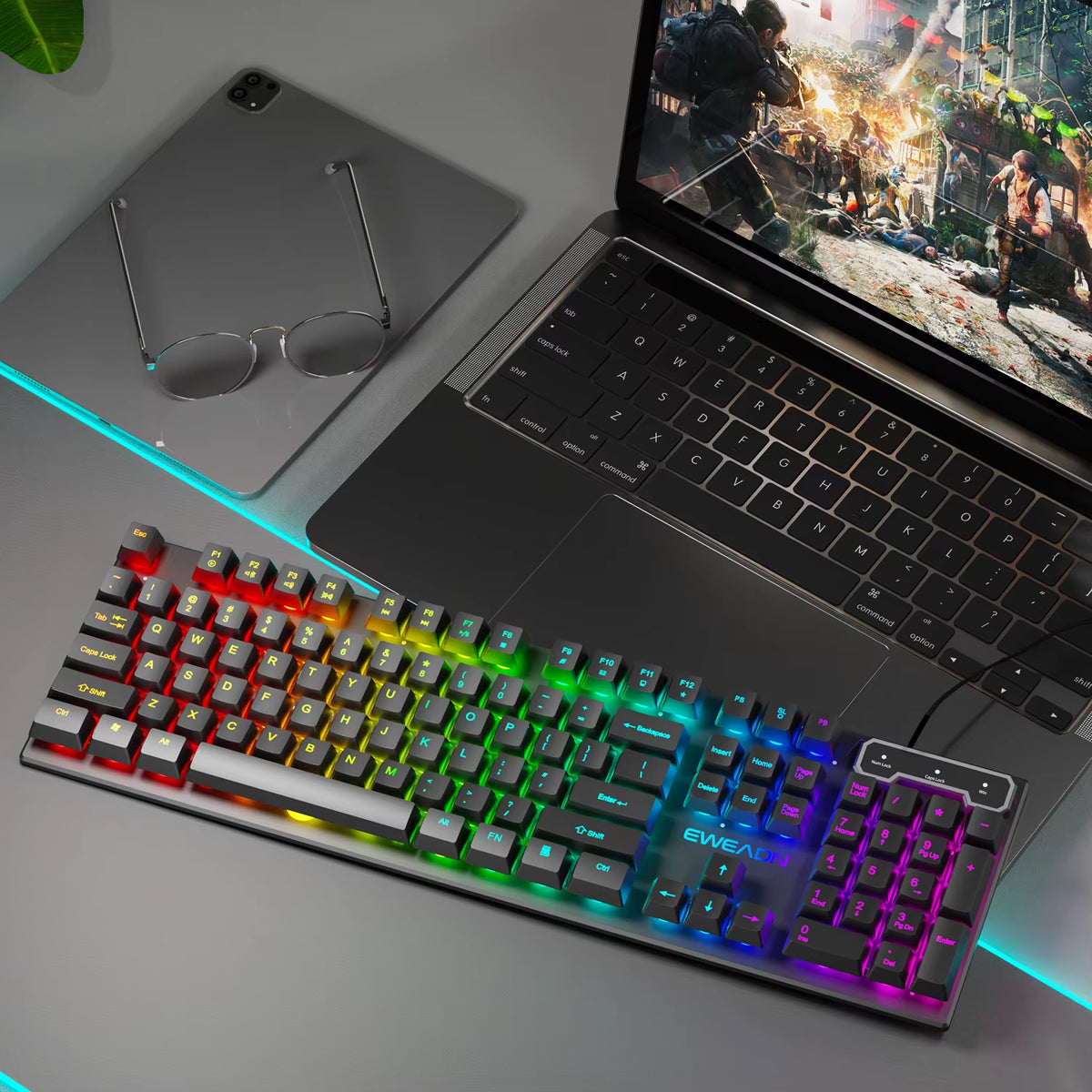 GX30Z Wired Gaming Keyboard Silent, 104 Keys Full Size LED Rainbow Backlit, Numeric Keys, Game, Office, Windows Laptop PC
