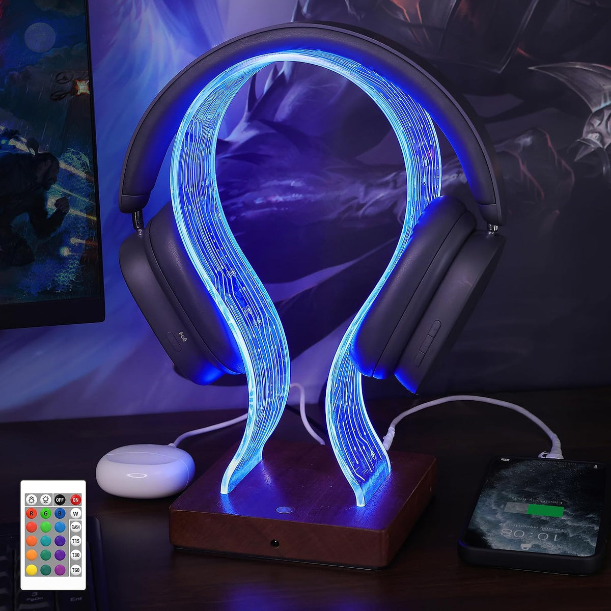 Headphone Stand, Wood Headset Holder with Blue Pink LED Night Light for Gamers, Men, and Music Lovers - Perfect Desk Gift Idea