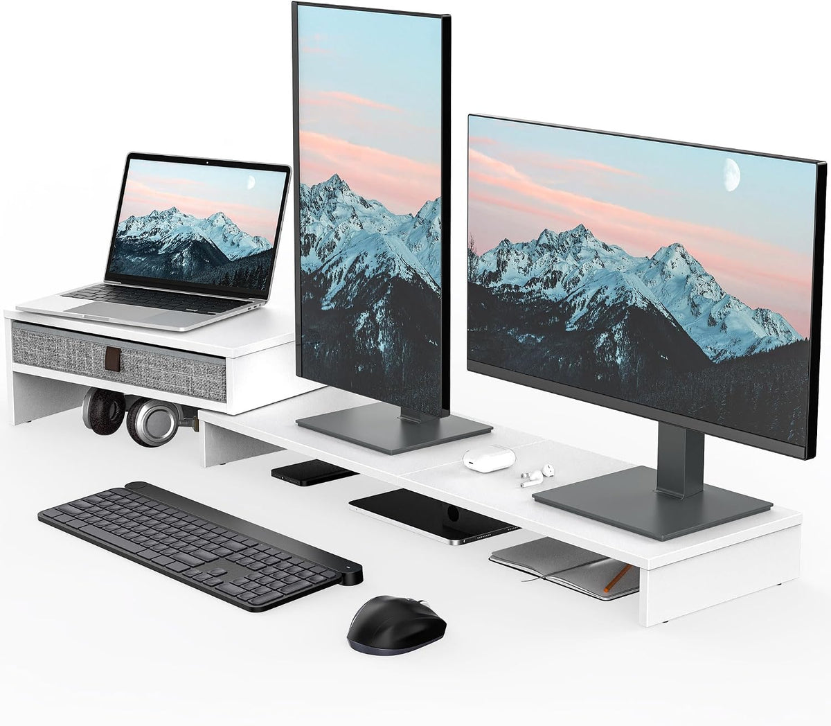 Dual Monitor Stand with Drawer,With Adjustable Length and Angle,Brown