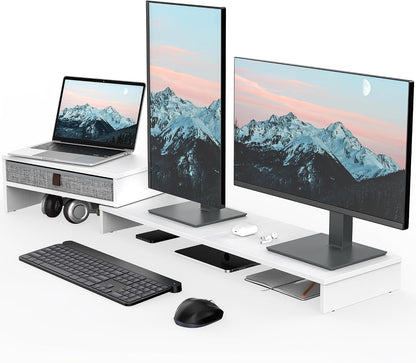 Dual Monitor Stand with Drawer,With Adjustable Length and Angle,Brown