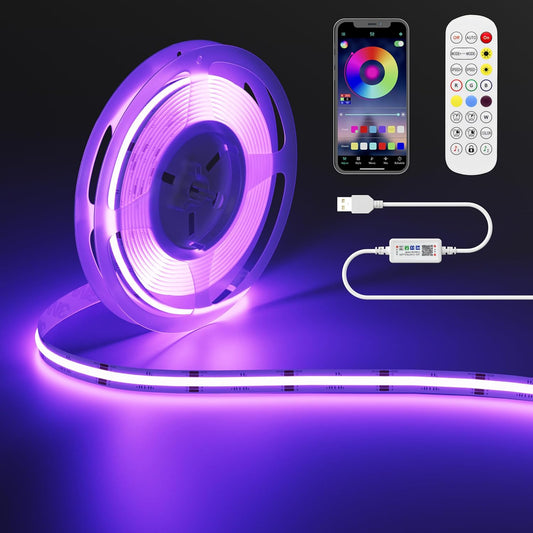 5 V USB RGB COB LED Strip 1 M with Bluetooth Smart App Controller, Colour-Changing RGB Strip Light with 600 Leds/M, Multicoloured Flexible LED Strip for TV, Bedroom, Party, DIY Decoration