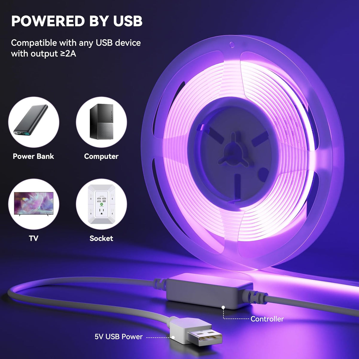5 V USB RGB COB LED Strip 1 M with Bluetooth Smart App Controller, Colour-Changing RGB Strip Light with 600 Leds/M, Multicoloured Flexible LED Strip for TV, Bedroom, Party, DIY Decoration