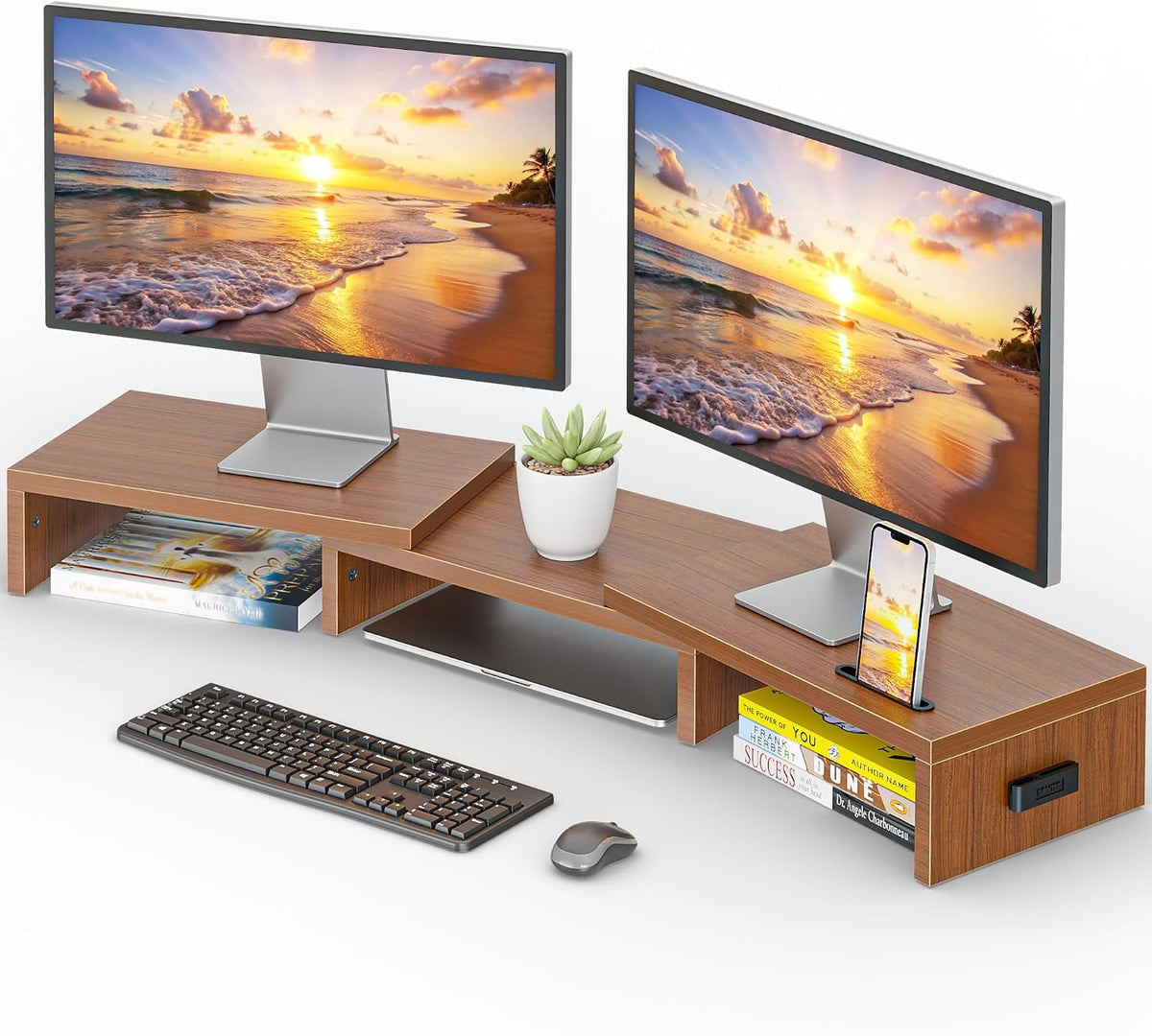 Dual Monitor Riser, Stepless Adjustable Length & Angle, Rustic Brown