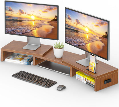Dual Monitor Riser, Stepless Adjustable Length & Angle, Rustic Brown