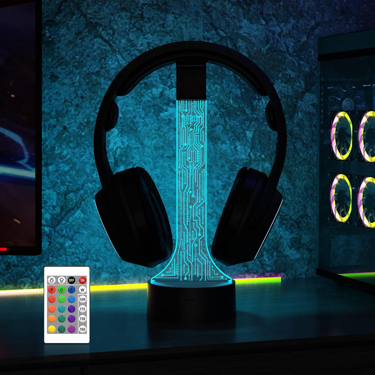 Headphone Stand, Wood Headset Holder with Blue Pink LED Night Light for Gamers, Men, and Music Lovers - Perfect Desk Gift Idea