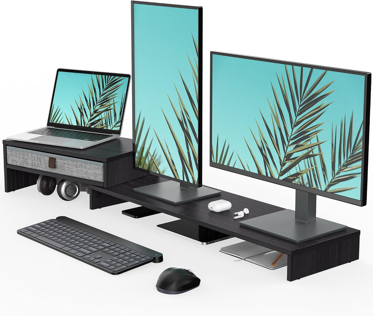 Dual Monitor Stand with Drawer,With Adjustable Length and Angle,Brown