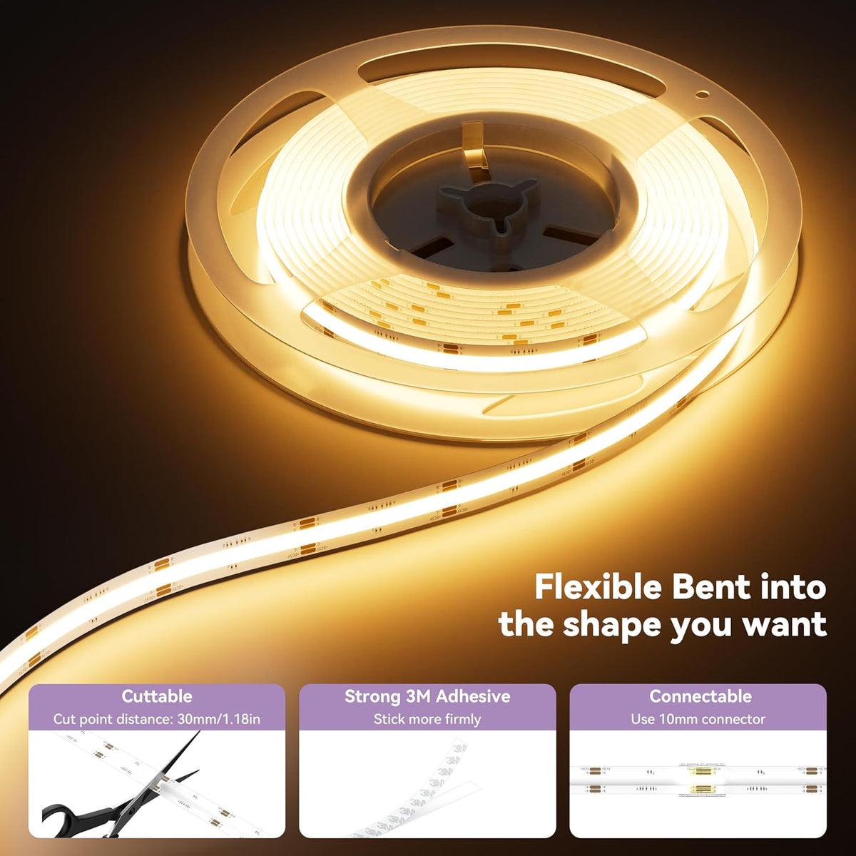 5 V USB RGB COB LED Strip 1 M with Bluetooth Smart App Controller, Colour-Changing RGB Strip Light with 600 Leds/M, Multicoloured Flexible LED Strip for TV, Bedroom, Party, DIY Decoration