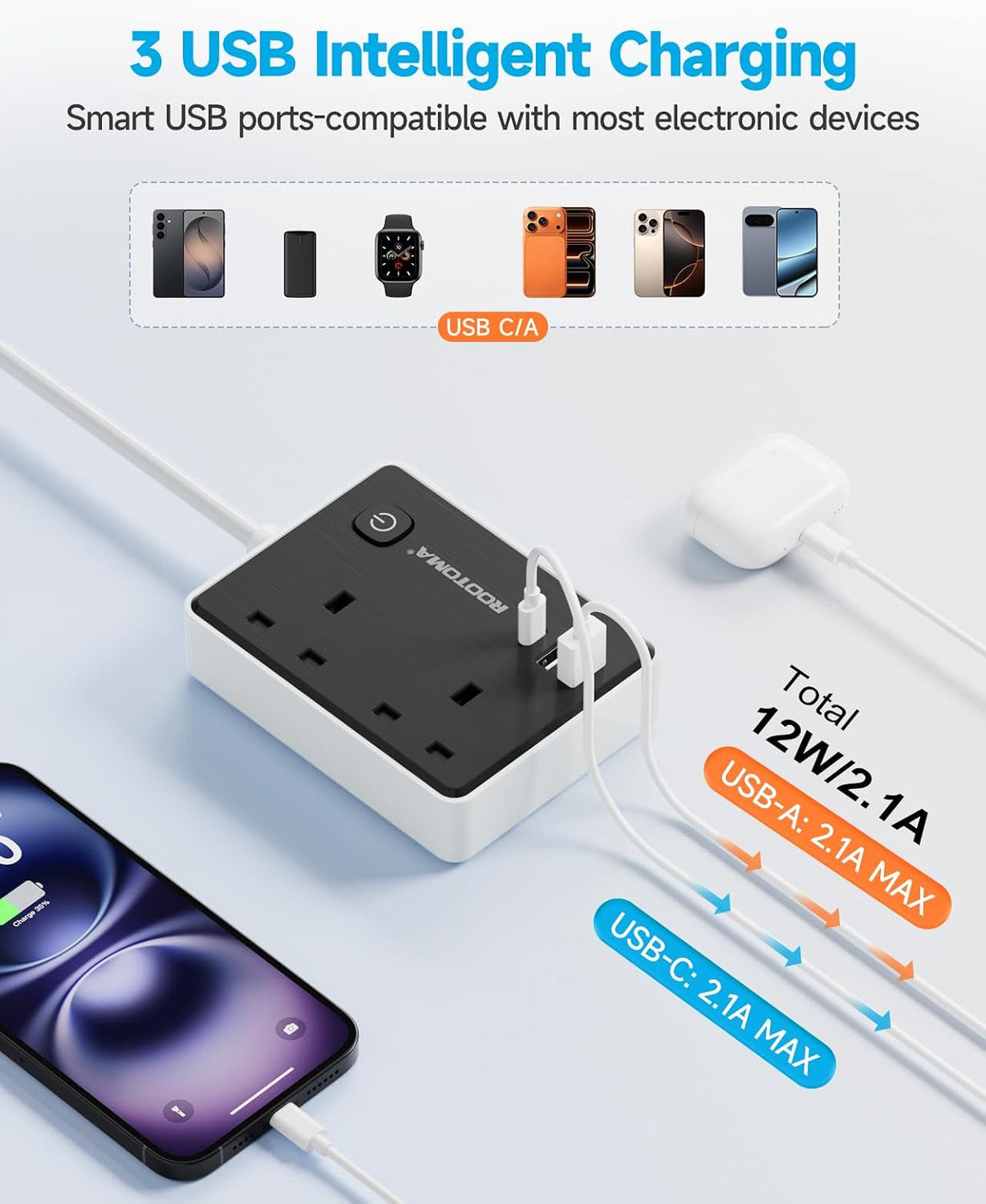 Black Extension Lead 1M with 3 USB Slots, 2 Gang Short Extension Lead