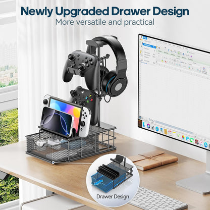 Headphone Stand with Drawer & Cable Organizer - Controller Stand Holder for Desk, Aluminum Supporting Bar Earphone Stand - Universal Headset Holder for Gaming PC Accessories Storage