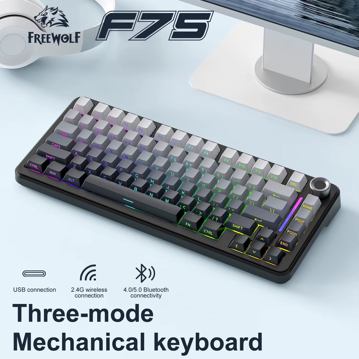 75% Hot Swap Gaming Keyboard Wireless FREEWOL F75 RGB Mechanical Keyboard with Metal Knobs AULA F75 Same Model,Tri-Mode,4000 Mah