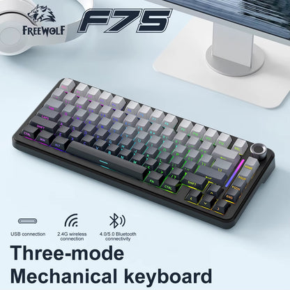 75% Hot Swap Gaming Keyboard Wireless FREEWOL F75 RGB Mechanical Keyboard with Metal Knobs AULA F75 Same Model,Tri-Mode,4000 Mah