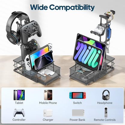 Headphone Stand with Drawer & Cable Organizer - Controller Stand Holder for Desk, Aluminum Supporting Bar Earphone Stand - Universal Headset Holder for Gaming PC Accessories Storage