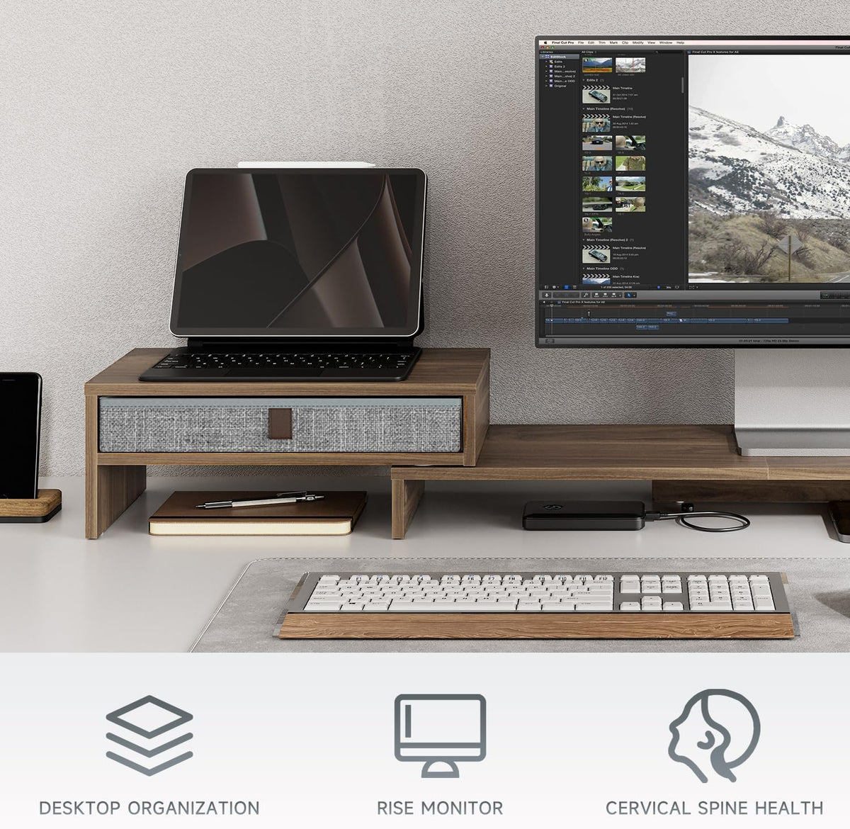 Dual Monitor Stand with Drawer,With Adjustable Length and Angle,Brown
