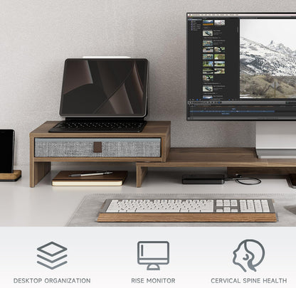 Dual Monitor Stand with Drawer,With Adjustable Length and Angle,Brown