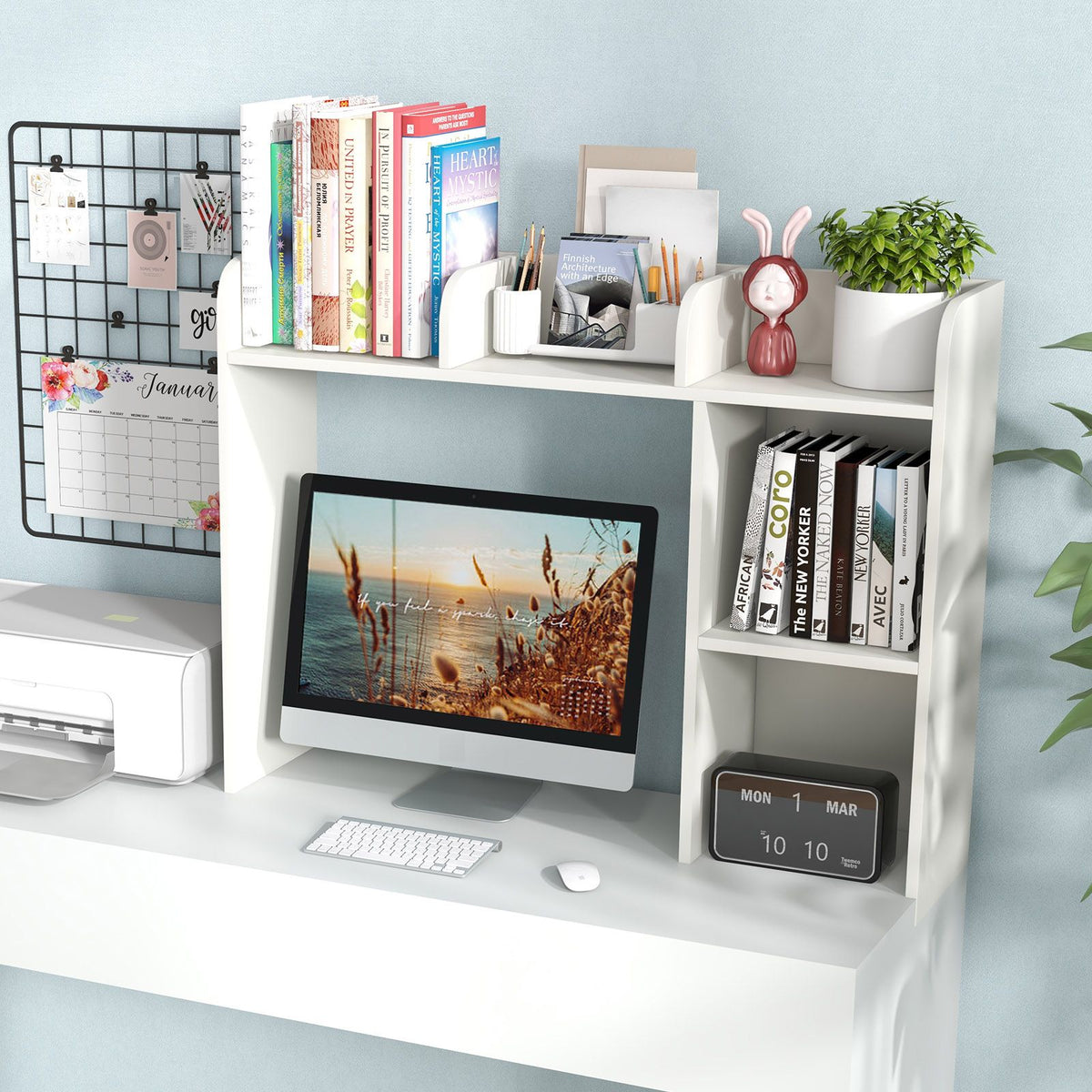 Wooden Desk Bookshelf with 4 Shelves and Open Back Compartment