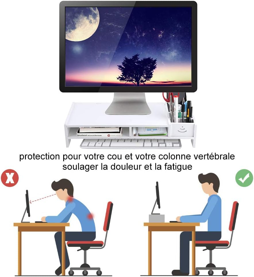 Ergonomic White Monitor Stand PVC Storage Compartments