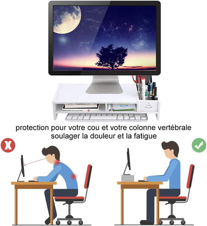 Ergonomic White Monitor Stand PVC Storage Compartments