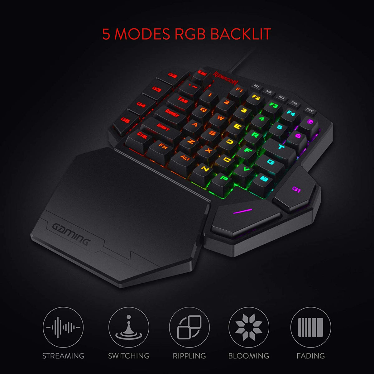 K585 DITI One-Handed RGB Mechanical Gaming Keyboard, Brown Switches, Type-C Professional Gaming Keypad with 7 Onboard Macro Keys, Detachable Wrist Rest, 42 Keys