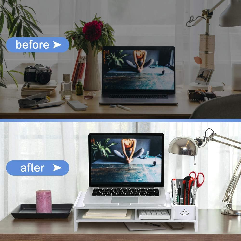 Ergonomic White Monitor Stand PVC Storage Compartments