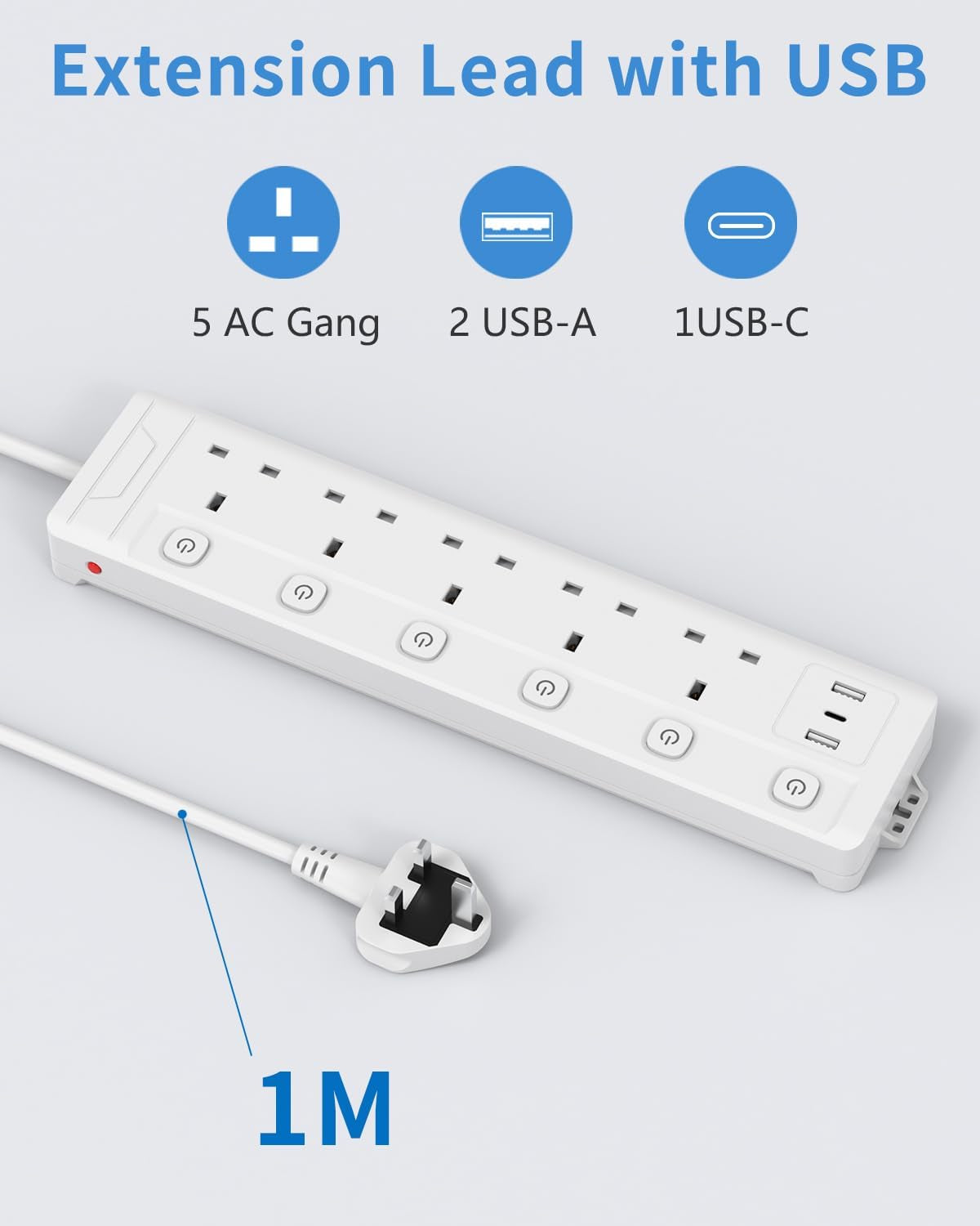 Extension Lead 1M 5 Way with 3 USB Slots (2 USB-A,1 USB-C), Individually Switched Extension Lead with USB Slots, White 1 Metre Extension Lead, for Home Dorm Office Multi Plug