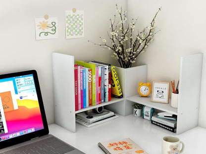 Wood Desktop Bookshelf Adjustable Desk Shelves Freestanding Home and Office Supplies Storage Display Shelf Desk Tidy Organiser,White