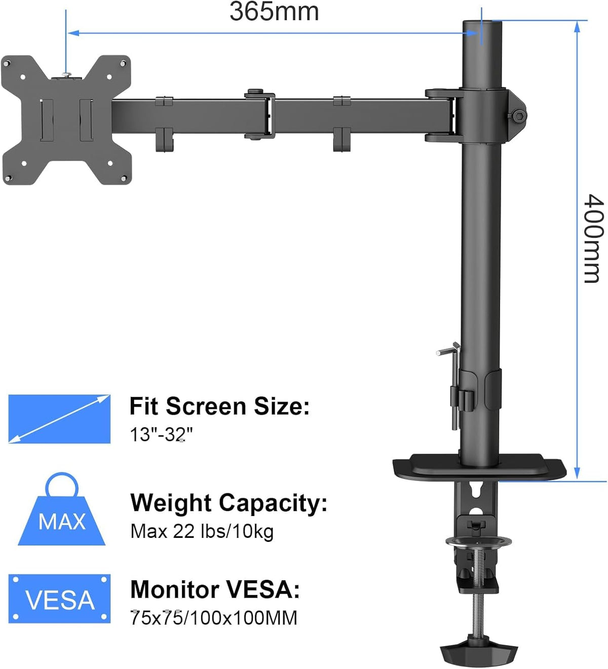 Single Monitor Arm Desk Mount for 13-32 Inch LCD LED Screens, PC Screen Stand for Desk up to 10Kg, VESA 75/100Mm Monitor Stands