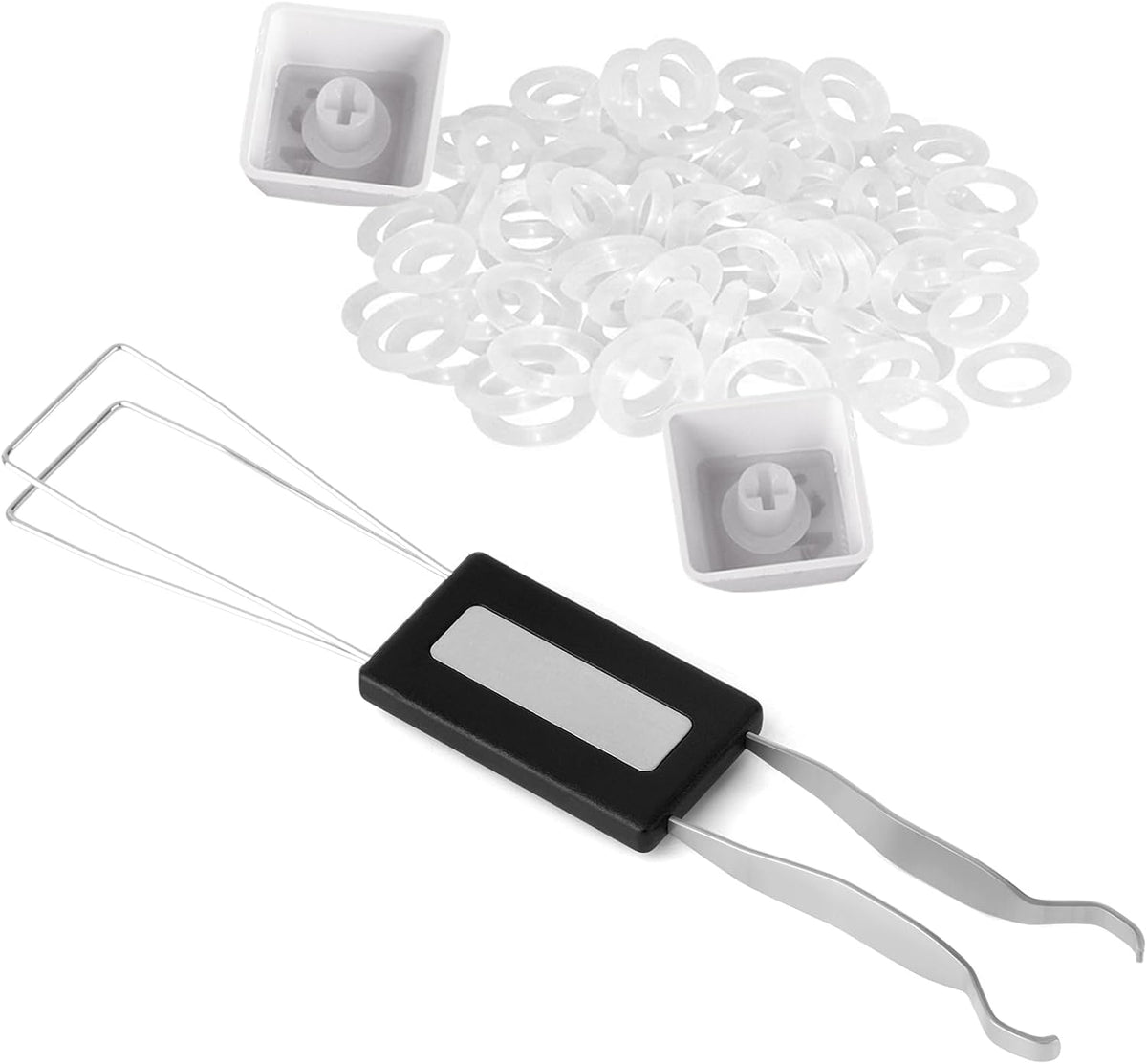 RUNJRX Keycap Puller Switch Puller Stainless Steel Keycap Removal Tool with 200 Pcs O-Ring Keyboard Dampeners for Mechanical Keyboard Mx Switch