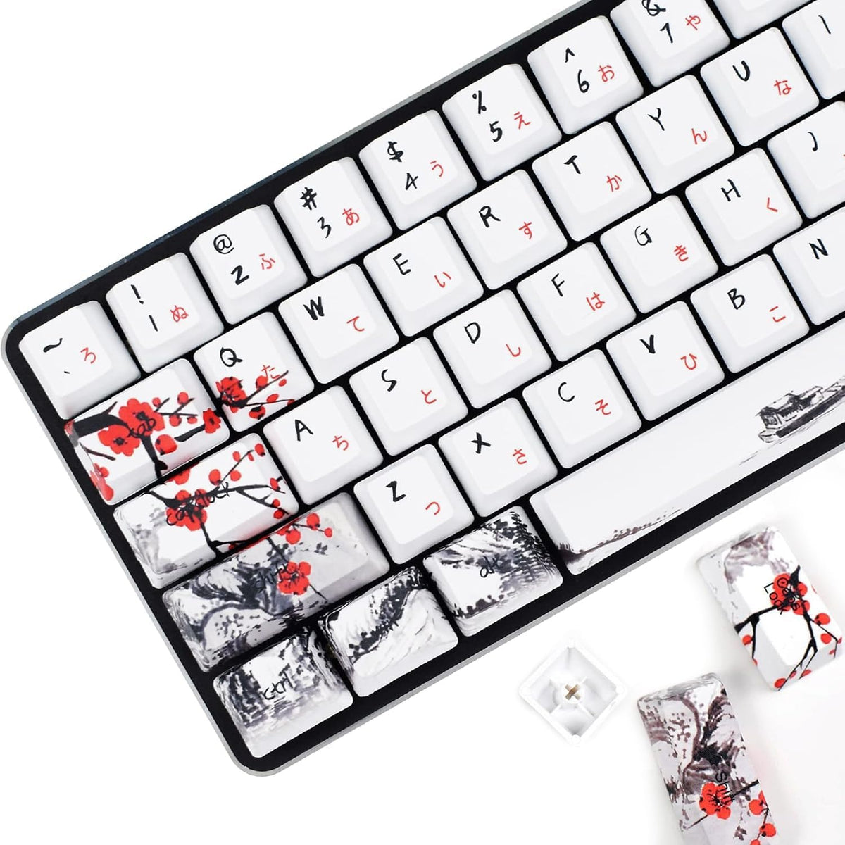 Plum Blossom Keycaps Mechanical Gaming Keyboards, Custom PBT OEM Profile Key Caps Japanese Style with Keycap Puller for Cherry MX 104/87/71/61 60 Percent Keyboard (Plum Blossom 71 JP)