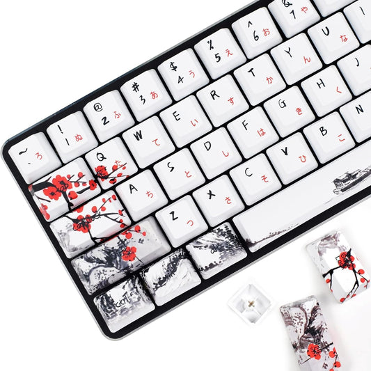 Plum Blossom Keycaps Mechanical Gaming Keyboards, Custom PBT OEM Profile Key Caps Japanese Style with Keycap Puller for Cherry MX 104/87/71/61 60 Percent Keyboard (Plum Blossom 71 JP)