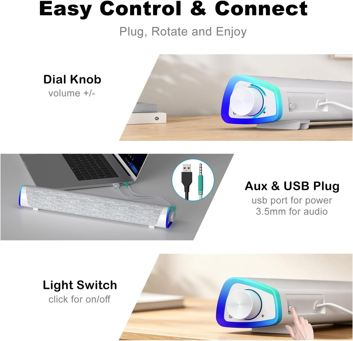 R30 PC Speakers, Colorful LED Lights with Switch Button, White