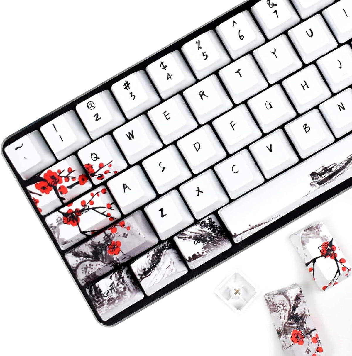 Plum Blossom Keycaps Mechanical Gaming Keyboards, Custom PBT OEM Profile Key Caps Japanese Style with Keycap Puller for Cherry MX 104/87/71/61 60 Percent Keyboard (Plum Blossom 71 JP)