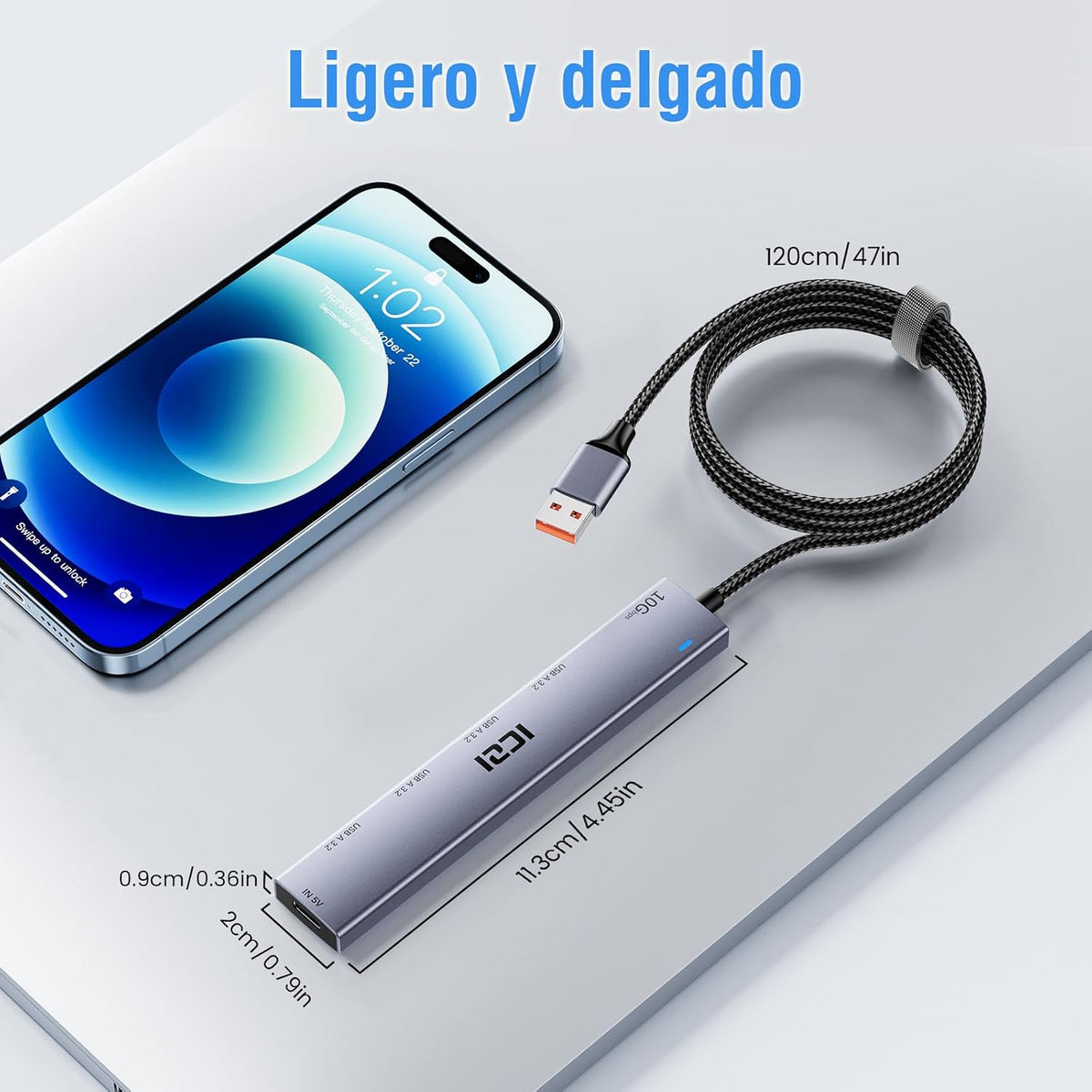 USB 3.2 Hub, USB Hub 10Gbps with 120Cm Nylon Braided Cable