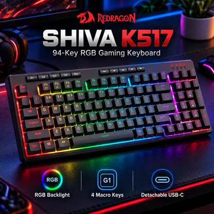 REDRAGON Shiva K517 RGB Gaming Keyboard – 94-Key Wired Membrane, Detachable Cable