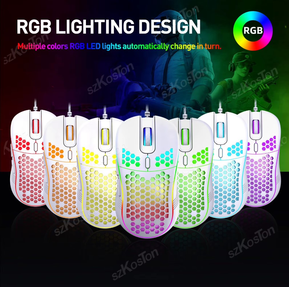 RGB Honeycomb Wired Gaming Mouse – 7200 DPI, 6 Buttons & Lightweight Design