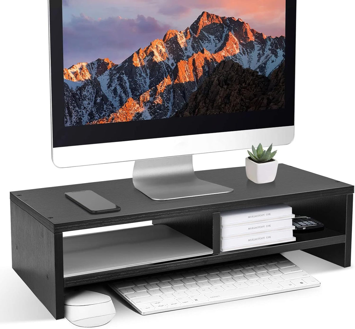 Wood Monitor Desk Stand Riser,2 Tiers Computer Monitor Riser Black