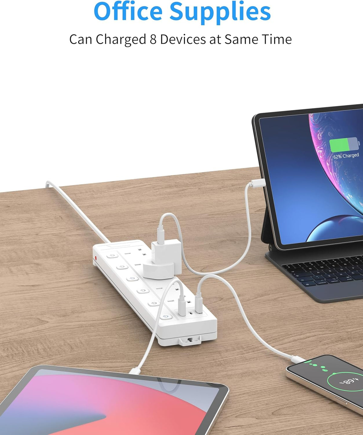 Extension Lead 1M 5 Way with 3 USB Slots (2 USB-A,1 USB-C), Individually Switched Extension Lead with USB Slots, White 1 Metre Extension Lead, for Home Dorm Office Multi Plug