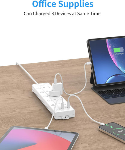 Extension Lead 1M 5 Way with 3 USB Slots (2 USB-A,1 USB-C), Individually Switched Extension Lead with USB Slots, White 1 Metre Extension Lead, for Home Dorm Office Multi Plug