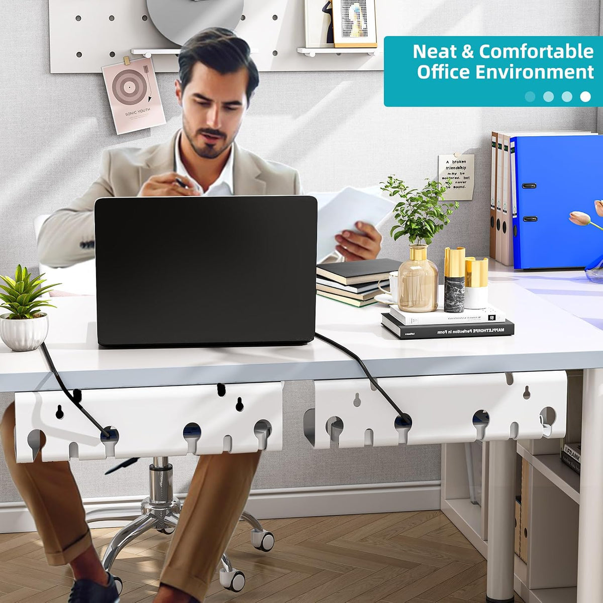 2-Pack Metal under Desk Cable Management Trays 44Cm White