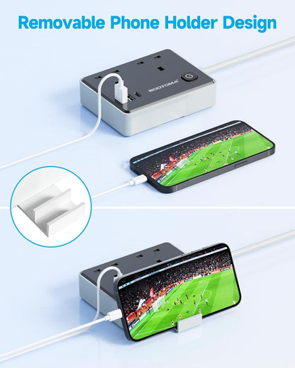 Black Extension Lead 1M with 3 USB Slots, 2 Gang Short Extension Lead