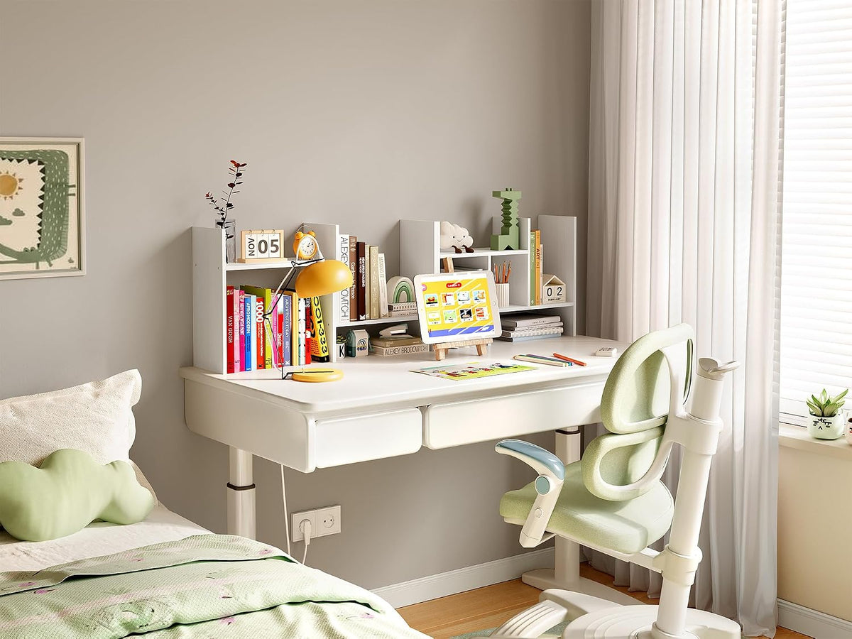 Wood Desktop Bookshelf Adjustable Desk Shelves Freestanding Home and Office Supplies Storage Display Shelf Desk Tidy Organiser,White