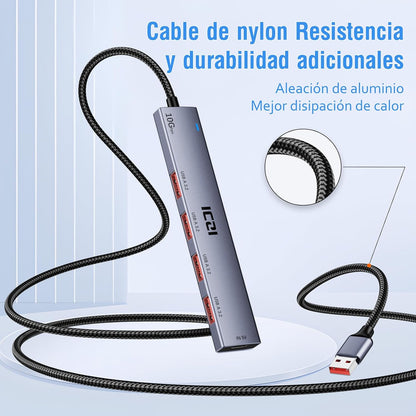 USB 3.2 Hub, USB Hub 10Gbps with 120Cm Nylon Braided Cable