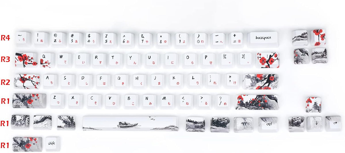 Plum Blossom Keycaps Mechanical Gaming Keyboards, Custom PBT OEM Profile Key Caps Japanese Style with Keycap Puller for Cherry MX 104/87/71/61 60 Percent Keyboard (Plum Blossom 71 JP)