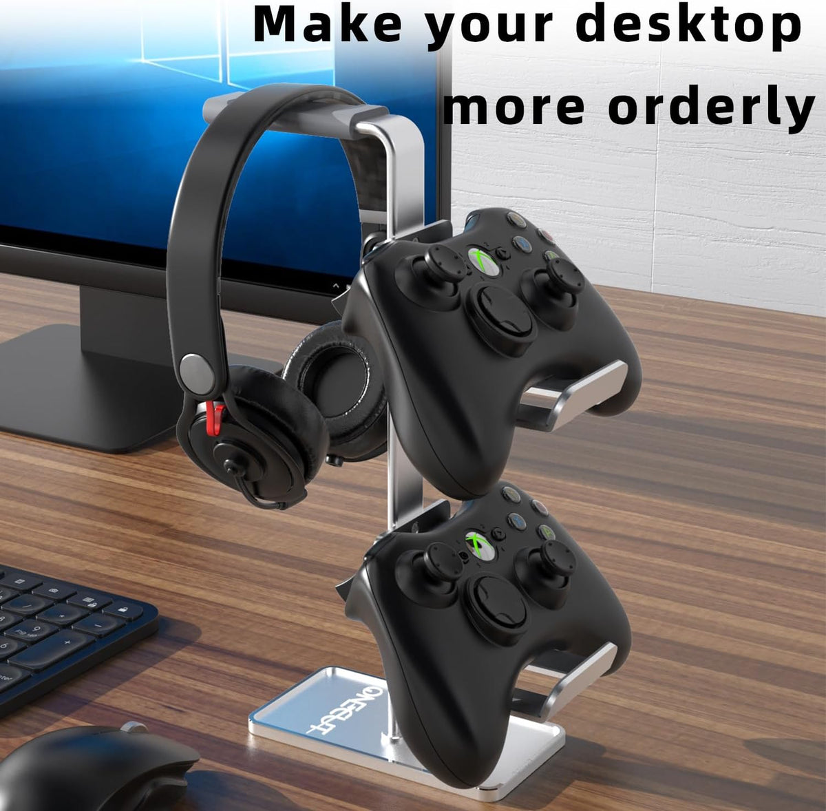 3In1 Headphone Holder Game Controller, Gaming Headset Stand, Dual Headphone Holder with Base (Black)